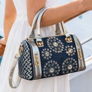 Modoker Blue Crystal Embellished Mini Satchel Crossbody Silver Detailing